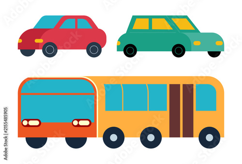 Colorful City Transport Set with Cars and Bus Vector Illustration
