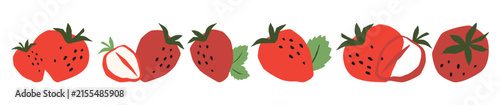 Fresh Strawberry Fruit Collection with Leaves Vector Illustration