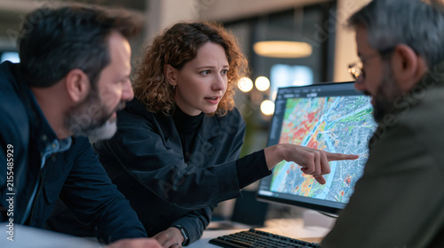Analyzing Data: A team of professionals collaborates intently, with one person pointing at a complex digital map displayed on a computer screen.