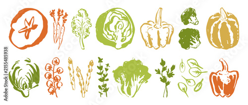 Hand Drawn Vegetable Collection Linocut Style Vector Illustration