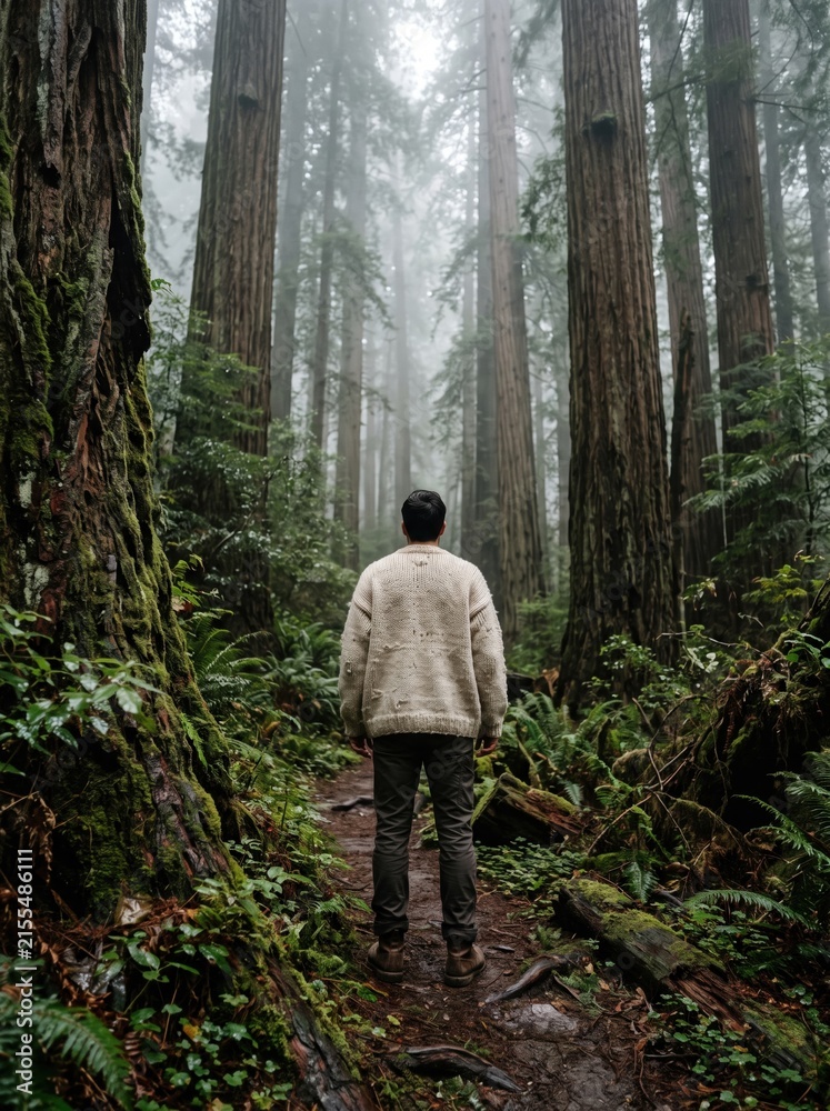 Fototapeta premium Man in a cozy knit sweater stands facing away on a misty forest trail among towering redwood trees and green ferns, symbolizing solitude, mindfulness and deep connection with nature.