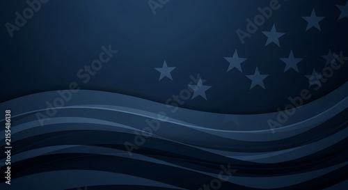 Abstract dark blue background, featuring flowing wave, patterns and scattered, glowing stars representing, a patriotic or, night sky theme