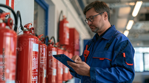 Fire safety inspection: A man in a blue uniform wearing glasses checks a tablet while inspecting a row of red fire extinguishers mounted on a wall in a modern facility.