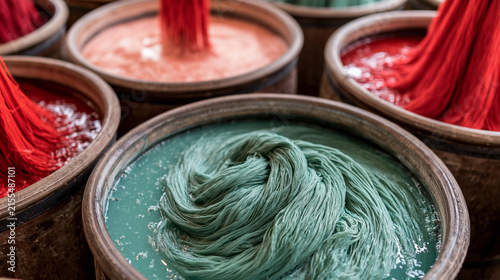 A textile dyeing process with colorful fabrics being treated in large vats, textile dyeing process, fabric production