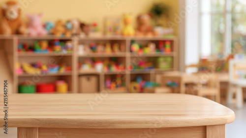Preschool Classroom Wonderland: A vibrant and inviting preschool classroom, featuring shelves filled with colorful toys and a warm wooden table in the foreground, ready for learning and play.