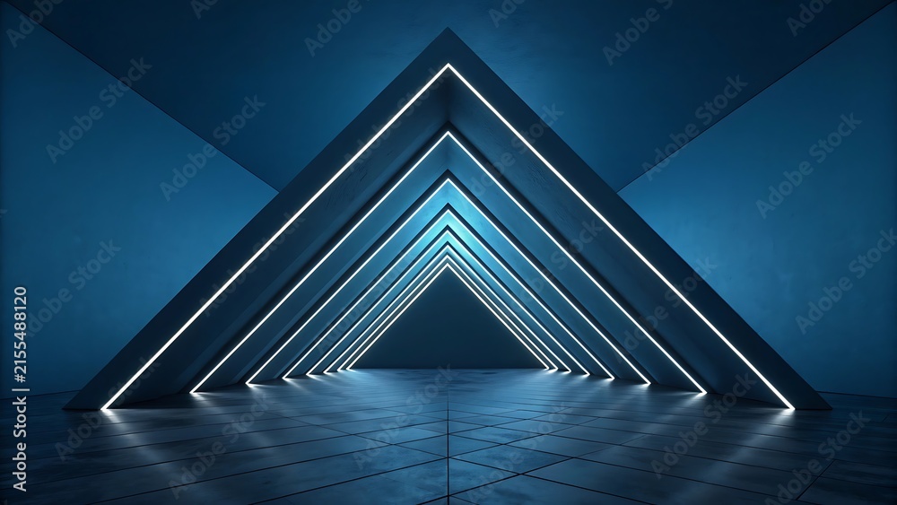Naklejka premium Futuristic geometric tunnel with glowing neon blue lines in dark abstract 3D space