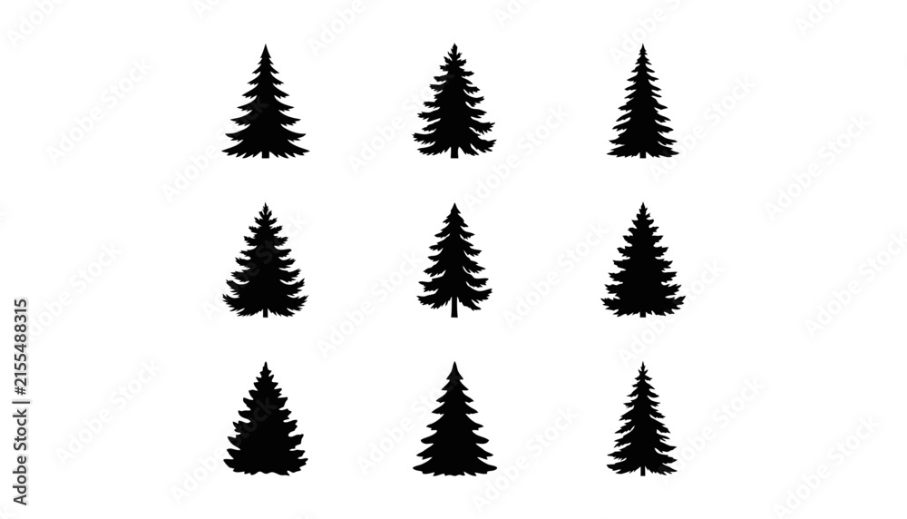 Fototapeta premium Nine black silhouette pine trees evergreen conifer