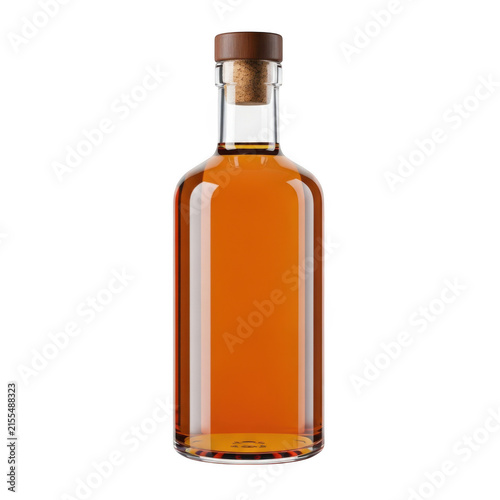 A luxurious glass bottle with a wooden cork and amber liquid against a clean white background