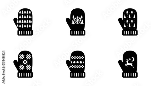 Six black winter mittens with festive patterns 