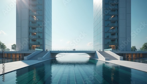 Modern luxury apartment towers with skybridge connecting buildings over swimming pool, architecture, urban living