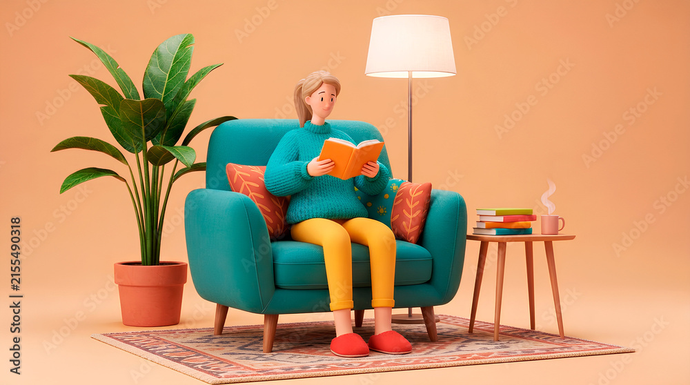 Fototapeta premium 3D illustration of a cozy young woman reading a book while sitting in a turquoise armchair at home. Cute cartoon character in a knitted sweater, with a floor lamp, potted plant, stack of books and a s