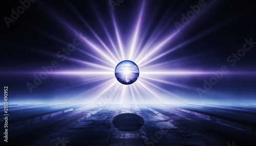 Futuristic glowing sphere radiating bright purple light over a dark geometric surface against a cosmic starry
