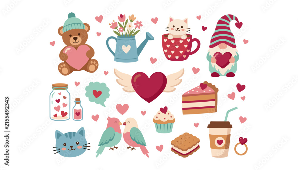 Naklejka premium Cute Valentines Day clip art collection with teddy bear gnome love birds cat flowers cake hearts and sweets vector illustration