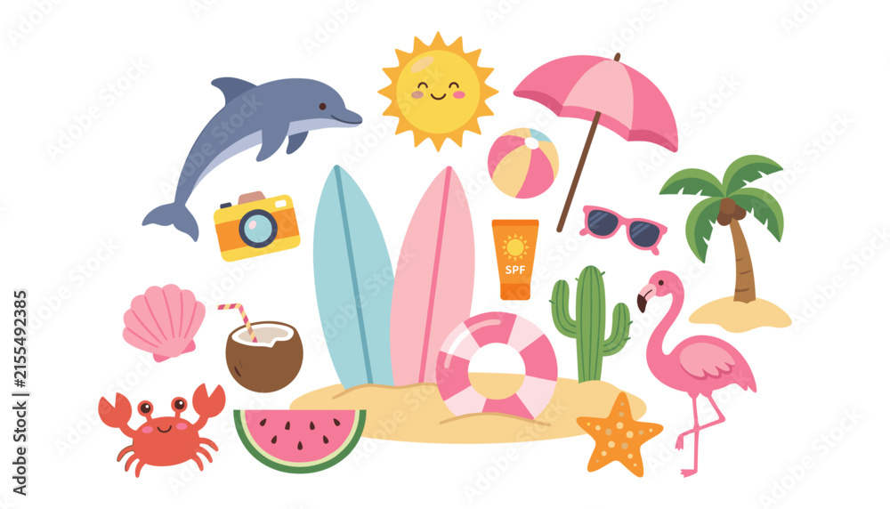 Fototapeta premium Cute summer beach vacation elements vector illustration collection set with tropical flamingo dolphin surfboard palm tree isolated on white background