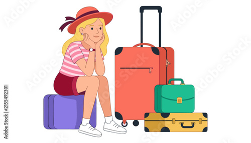 Cute girl sitting on suitcase waiting with her luggage suitcases bags ready for travel vacation vector cartoon illustration isolated on white