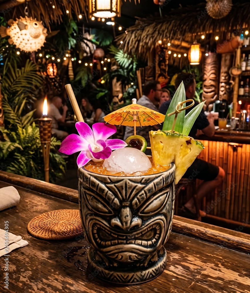 Fototapeta premium A tropical Mai Tai, bursting with color around a large, cloudy ice sphere, garnished with a vibrant orchid and a pineapple wedge, served in a tiki mug. The backdrop is a lush, dimly lit tiki bar