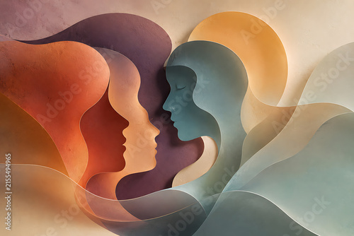 Abstract Human Connection Concept with Layered Silhouettes in Coral, Teal, Violet and Amber – Modern 3D Art