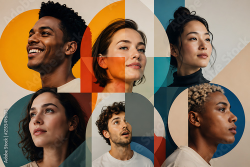 Diverse Human Emotions Portrait Collage with Geometric Shapes – Modern Abstract Editorial Photography