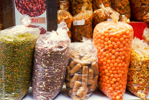 Assorted Local Snacks and Packaged Foods at a Market in Kathmandu, Nepal