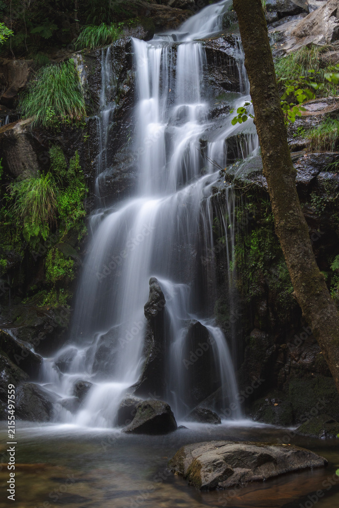 Obraz premium Close view of a cascading forest waterfall in Portugal