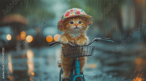 Cute Kitten on Bicycle in Rain with Hat