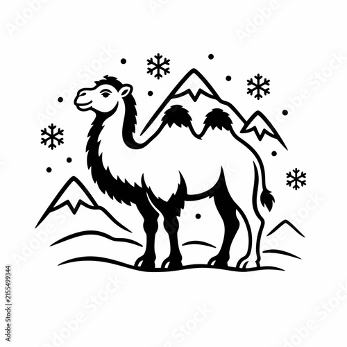 Black and white camel illustration with snowflakes and mountains.