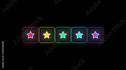 5 Star Rating Glass morphism Motion Graphic Overlay - Multi Color Neon Stars Igniting Sequentially on Clean Black Background