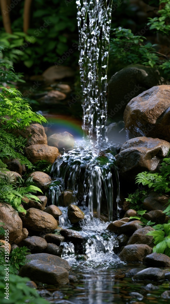 Fototapeta premium A serene waterfall cascades over smooth stones, surrounded by vibrant green foliage and soft mist