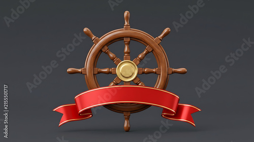 Wooden ship steering wheel helm with empty red ribbon banner 3d illustration