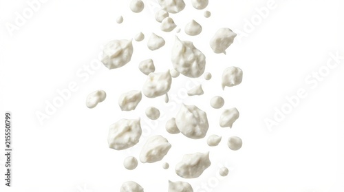 Fresh yogurt dollops falling against white background