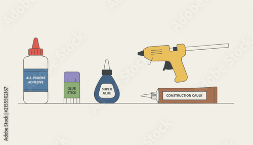 Various adhesive products including all-purpose glue, a glue stick, super glue, a hot glue gun, and construction caulk.