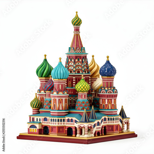 A colorful 3D miniature Saint Basil's Cathedral featuring distinctive onion domes, intricate patterns, vivid architectural colors, detailed decorations, and iconic Russian design, isolated on white.