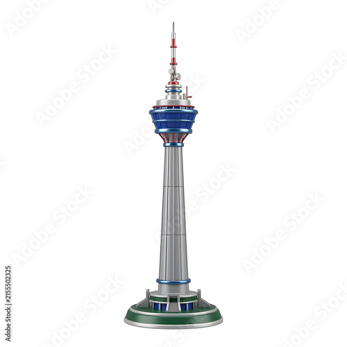 A vibrant 3D miniature KL Tower featuring its distinctive telecommunications structure, blue and silver details, modern design, and elegant futuristic appearance, beautifully isolated on white.
