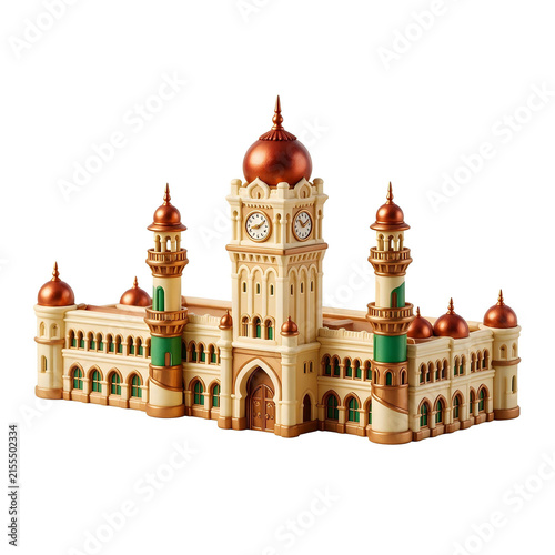 A colorful 3D miniature Sultan Abdul Samad Building featuring Moorish arches, clock tower details, copper domes, cream walls, Malaysian heritage architecture, beautifully isolated on white.