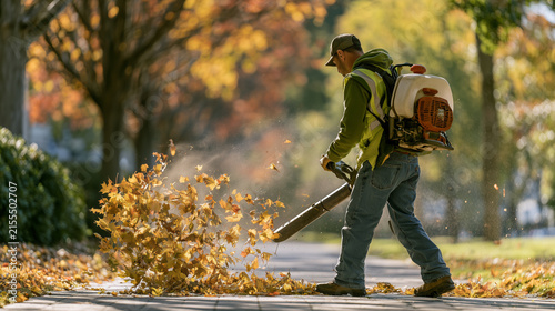 worker using leaf blower to clear fallen autumn leaves in city park during seasonal maintenance