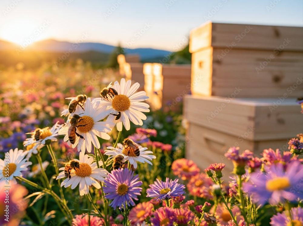 Fototapeta premium Bees gather nectar from flowers in a meadow near wooden beehives during sunset