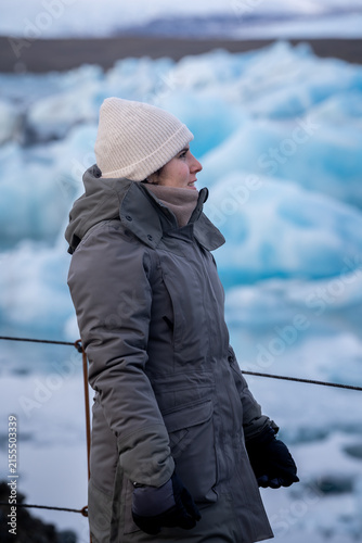 Medium Side Profile of Woman in Winter Beanie at Glacier Lagoon