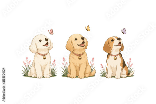 Three cute puppies sitting in grass with butterflies, adorable dog illustration set.