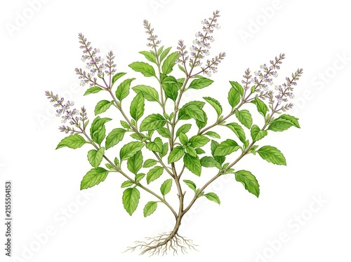 Holy Basil Tulsi Plant Watercolor Botanical Illustration Isolated on White Background