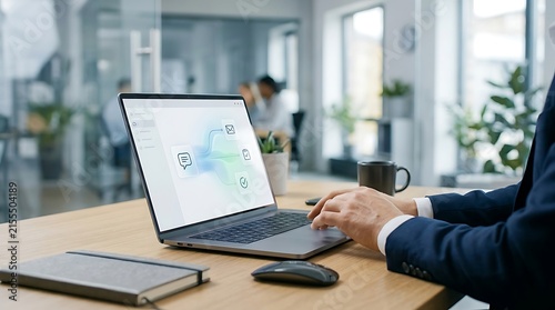 Businessman working on a laptop in a modern bright office environment.