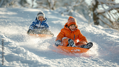 children_sledding_down_snowy_hill