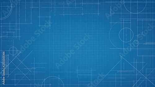 Abstract blue architectural blueprint background with technical grid, geometric construction lines, drafting marks, and copy space for engineering, design, and planning concepts