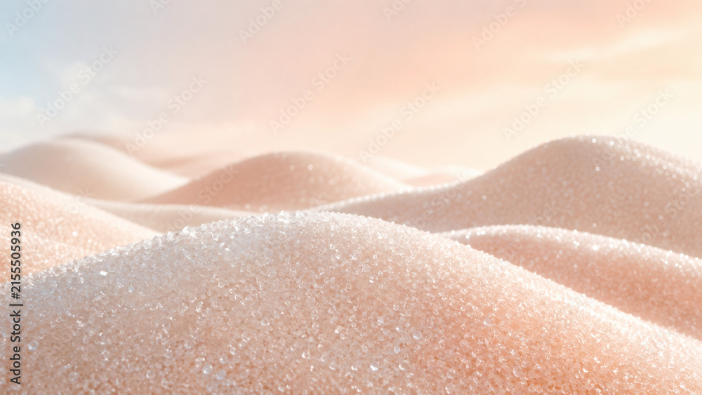 Fototapeta premium Dreamy landscape of fine granulated sugar formed into soft rolling hills, illuminated by warm pastel light with sparkling crystalline details.