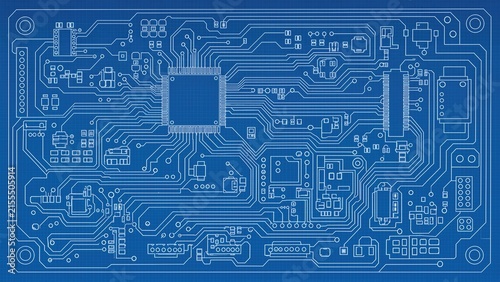 Detailed electronic circuit board blueprint with microchip, conductive pathways, components, and engineering design for hardware development and technology concept