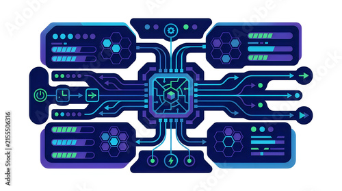 Digital microchip illustration with circuit board interfaces. Futuristic electronic processor design with neon blue connections. Vector technology graphic for internet and data transfer