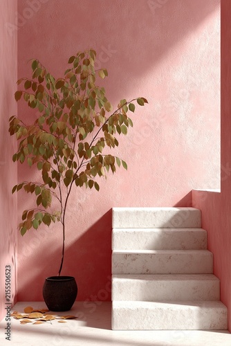 Indoor plant in a pink room with stairs, natural light and shadows
