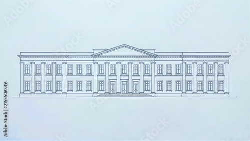Classical neoclassical government building elevation drawing with columns and symmetrical facade. Architectural blueprint concept for civic design, construction planning, history education, and