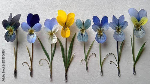 Pressed viola flowers in various colors arranged artfully on white background