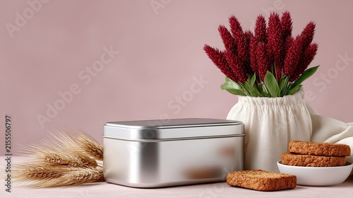 Still life of wheat stalks, cookies, and flowers