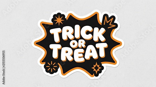 Halloween sticker with trick or treat text in orange and white